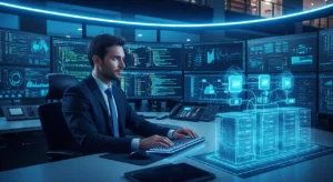 Consultor especializado em consultoria de banco de dados analisando performance e segurança de dados em um ambiente corporativo moderno.